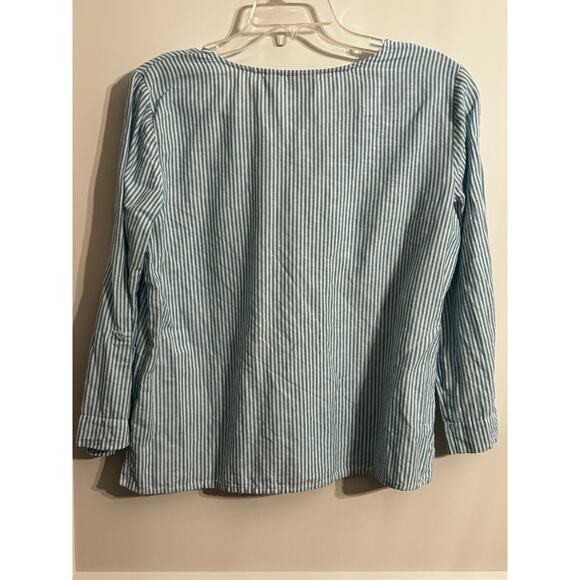 Chico's Pullover Tunic Top Sz 1 M Teal White Stripe Linen Blend Beach Resort - Picture 4 of 10